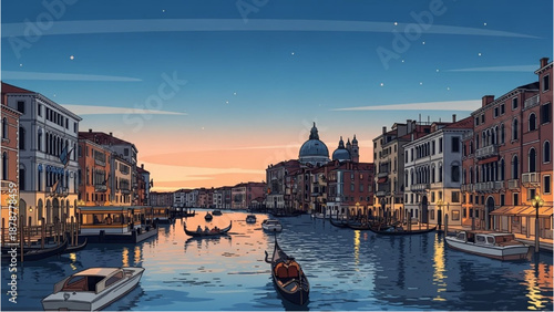 Grand Canal scene in Venice at dusk with gondolas and historic buildings along the waterway