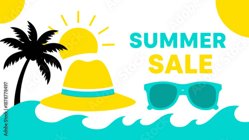 Vibrant Summer Sale Scene by the Ocean with Sunglasses and Hat