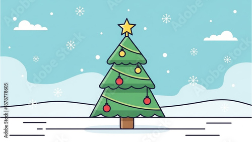 A decorated Christmas tree stands alone in a snowy landscape viewed from the side under a blue sky with snowflakes falling