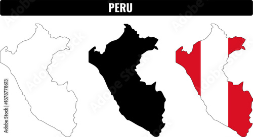 Map shapes of Peru showing outline, filled silhouette, and flag colors