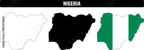 Different shapes of Nigeria showing outline, silhouette, and flag representation