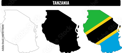 Map shapes of Tanzania showing white, black, and colored designs of the country with flag stripes