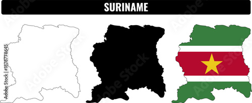 фотографія Suriname shapes set showing outline, filled shape, and flag representation of Su