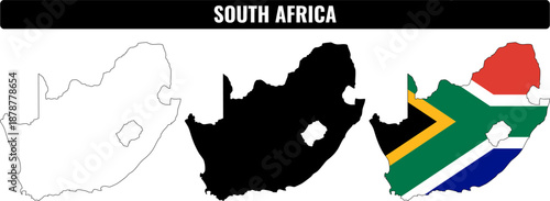 South Africa shapes set showing outline, filled shape, and flag design for educational use