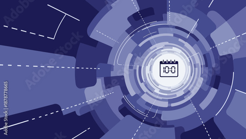 Futuristic calendar icon surrounded by dynamic blue geometric shapes and technology-inspired elements in a radial composition