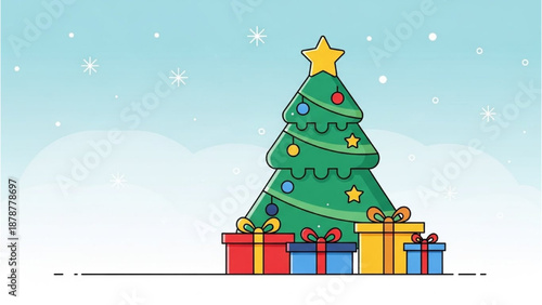 A festive Christmas tree adorned with ornaments and gifts in a winter landscape viewed from the front