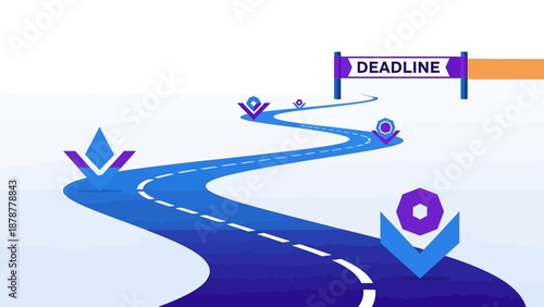 A winding road stretches into the distance with deadline indicators and navigation symbols