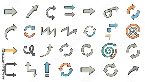 Collection of various gray, orange, and teal arrows and circular icons on a clean background from a straightforward viewpoint