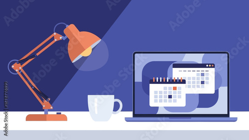 A laptop on a desk displays a calendar with red and blue markers, accompanied by a lamp and a cup.