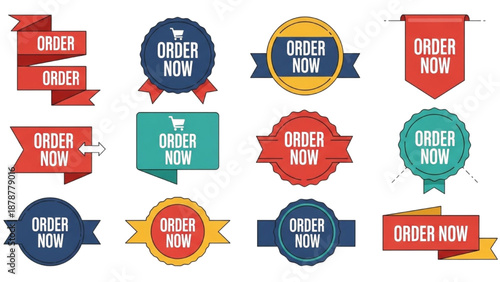 Collection of colorful banners and ribbons with order now labels, promotional materials, marketing elements, graphic design, and advertising tools