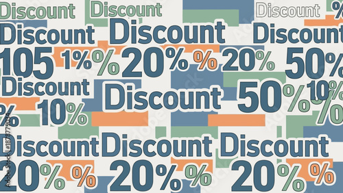 A vibrant collage of discount percentages and words on a clean white background from a straightforward viewpoint
