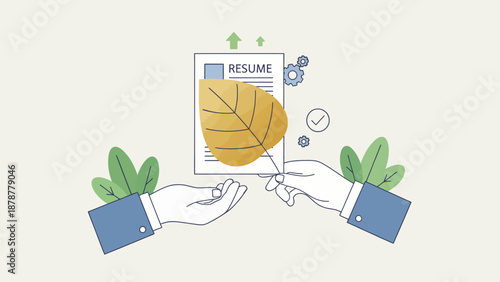 Two hands exchanging a resume with a leaf on it, symbolizing eco-friendly job opportunity in a professional setting
