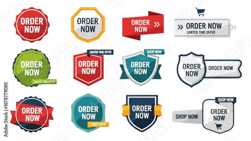 Collection of assorted promotional labels and badges with order now text
