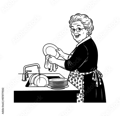 Smiling Caucasian senior woman washing dishes happily at kitchen sink with a towel vintage illustration