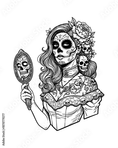 Elegant Mexican Woman Calavera Makeup Holding Mirror Skull Reflection Ornate Dress Line Art