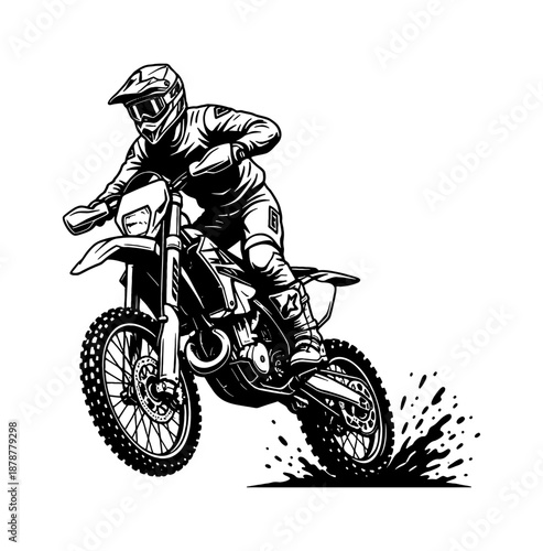 Motocross dirt bike rider racing in action kicking up dirt in a dynamic black and white vector illustration
