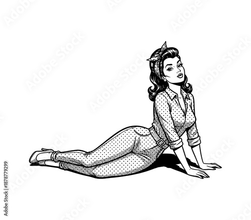 Pinup Woman with Alluring Expression Posing Seductively in Vintage Black and White Comic Style Artwork