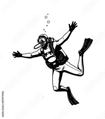 Adventurous Person Scuba Diving Underwater Wearing Full Gear and Fins with Bubbles Floating Upwards Vector Illustration
