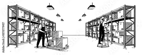 Happy warehouse worker moving boxes with a pallet jack while another man arranges inventory on shelves