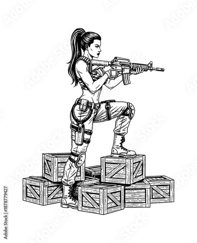 Determined Tactical Woman Soldier Holding Assault Rifle Standing on Wooden Crates in Action Pose