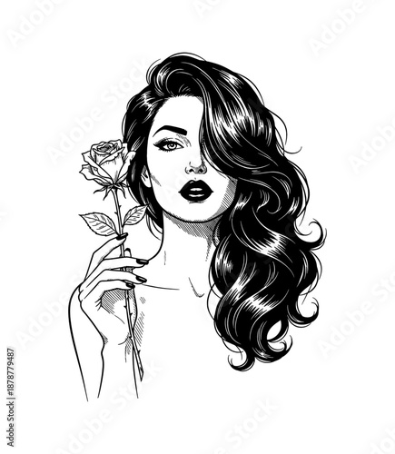 Beautiful Glamorous Woman Holding a Rose with Seductive Expression Pinup Style Black and White Illustration