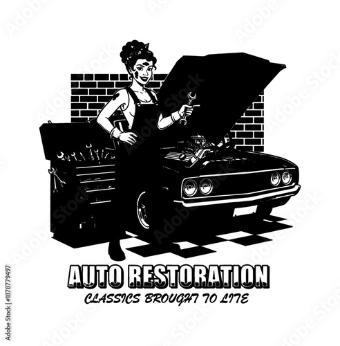 A confident smiling white woman pinup mechanic in overalls holding a wrench next to a classic car with an open hood