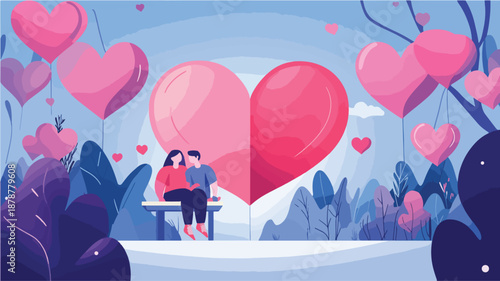 Romantic Couple Surrounded by Heart Balloons in Nature