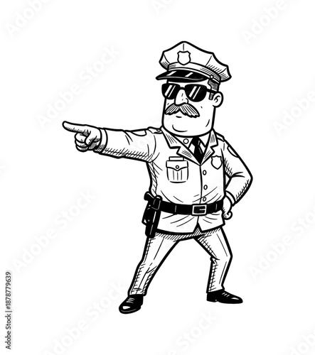 Cartoon police officer with sunglasses mustache pointing finger showing direction with confident serious expression