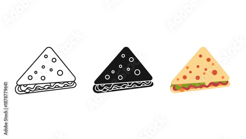 Three triangle shaped sandwiches with different toppings on white background