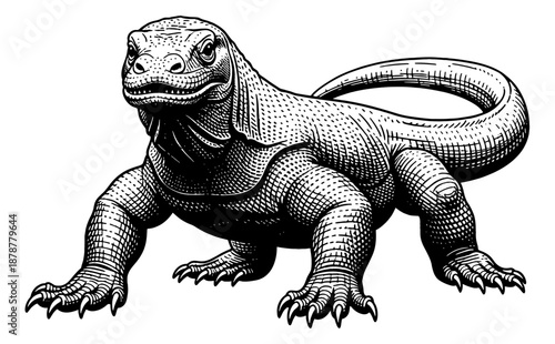 Komodo Dragon Engraving Vintage Style Detailed Black and White Line Art Illustration of a Powerful Reptile