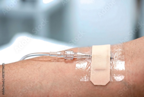 Macro of taped blood donation line on arm