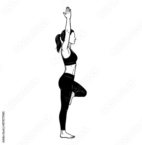 Woman doing yoga tree pose with raised arms and focused expression in black and white illustration