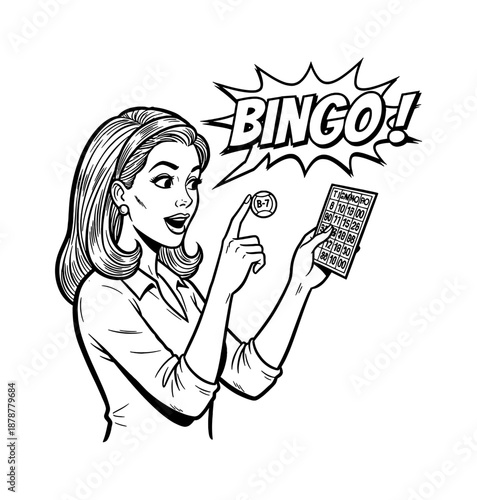 Excited Woman Playing Bingo and Pointing at Winning Ball with Speech Bubble in Retro Comic Style