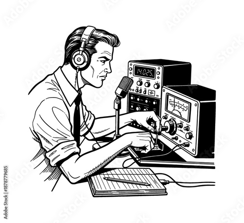 Vintage illustration of a focused Caucasian man operating radio equipment wearing headphones and using a microphone