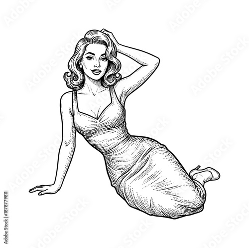 Smiling Caucasian woman posing confidently reclining with hand behind head wearing dress and high heels