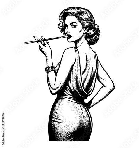 Elegant Woman Posing Backwards Looking Over Shoulder with Cigarette Holder in Sophisticated Pinup Style