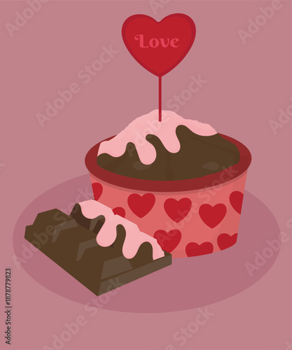 Illustration Muffin Chocolate with Love Decoration and Chocolate 
