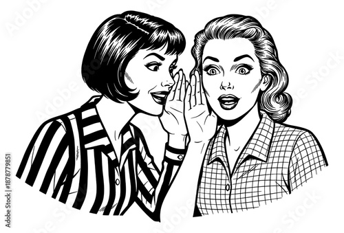 Woman secretly whispering to her surprised friend in a retro black and white comic style illustration