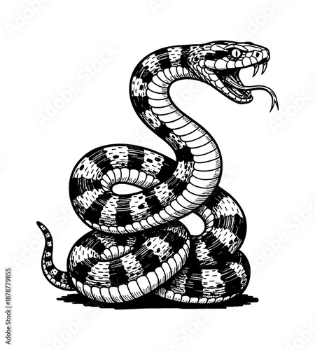 Aggressive Snake Coiled with Open Mouth and Flicking Tongue Detailed Black White Line Art Drawing