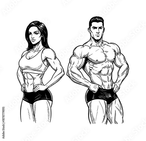 Strong muscular man and woman posing confident in standing line art illustration showing physique