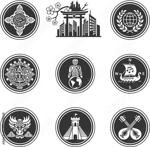 Heritage & Cultural Fusion set of black and white vector icons representing travel history culture and mystery including globe mask column ankh compass dragon castle and drum symbols isolated
