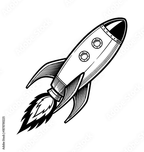 Classic black and white rocket launch with fiery exhaust and porthole windows in a vintage engraving
