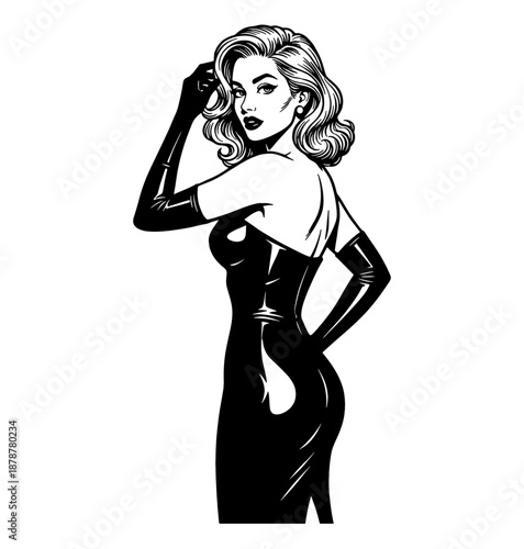 Alluring blonde woman in a shiny black dress and long gloves posing confidently looking back pinup illustration