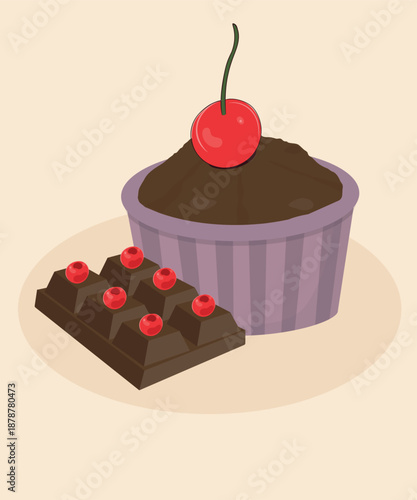 Illustration Muffin Chocolate with Cherry Decoartion and Chocolate 