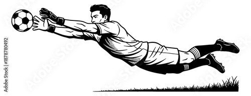 Male Soccer Goalkeeper Diving to Catch Ball with Focused Expression in Black and White Outline Illustration