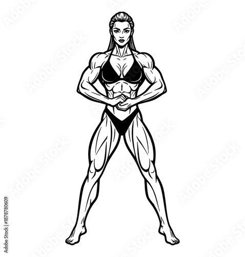 Muscular Woman Bodybuilder Posing Confidently in Black Bikini Strong Female Athlete Illustration Determined Look