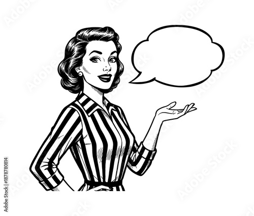 Smiling retro comic style woman gesturing with open hand and speech bubble black white illustration