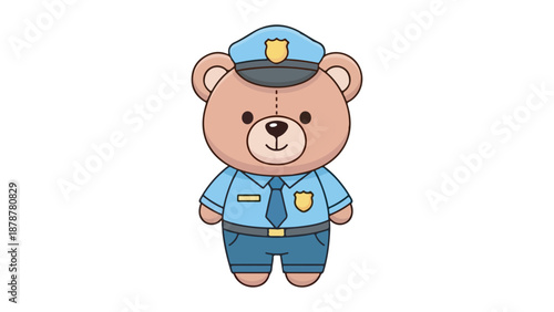 A cute cartoon teddy bear character dressed in a blue police officer uniform with a cap and badge, standing on a white background.