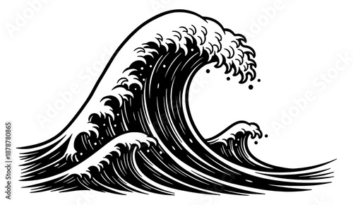 Dynamic powerful ocean wave black and white vector illustration of sea water movement and nature
