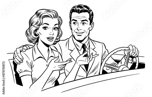 Smiling Caucasian Couple Driving Car with Woman Pointing and Man Embracing Her in Vintage Art